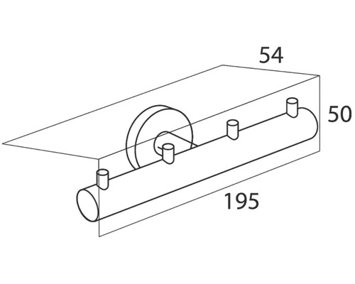 Technische Zeichnung eines Wandhalters mit den Maßen 195 x 54 x 50 Millimeter