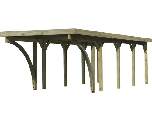 Holzcarport mit flachem Dach und mehreren Stützpfeilern