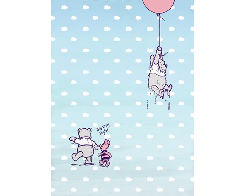 Fototapete Papier 4-4025 Disney Edition 4 Winnie Pooh Piglet 4-tlg. 184 x 254 cm Illustration von Winnie Puuh, der an einem Ballon hängt, während Ferkel und ein anderer Charakter zusehen