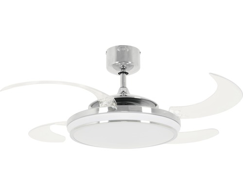Deckenventilator Fanaway Evo 1 LED Ø 121 cm chrom mit Fernbedienung einklappbare Flügel Farbwechselfunktion Sommer + Winterfunktion mit LED Leuchtmittel Deckenventilator mit transparenten Rotorblättern und integrierter Lampe