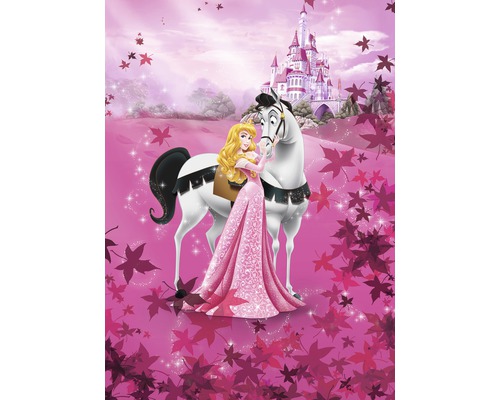 Fototapete Papier 4-495 Disney Edition 4 Sleeping Beauty 4-tlg. 184 x 254 cm Mädchen mit blonden Haaren und ein weißes Pferd vor einem Schloss