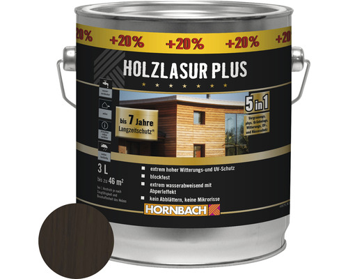 Holzlasur Plus im Metalleimer mit Informationen zu Eigenschaften und Anwendung.