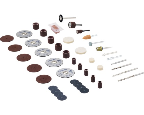 Dremel Zubehörset mit Schleifscheiben, Polierscheiben, Schleifbändern und Bohrern