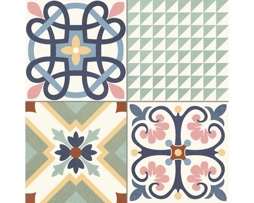 Fliesen mit geometrischen und floralen Mustern