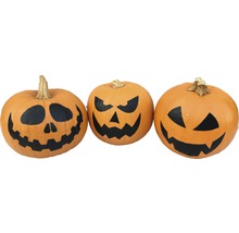 Drei Halloween-Kürbisse mit geschnitzten Gesichtern