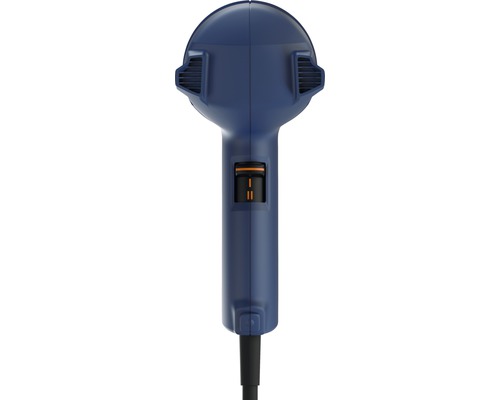 Detailansicht eines blauen Heißluftgebläses mit Schalter