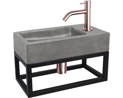 Waschtisch mit Betonbecken, Wasserhahn und Metallgestell