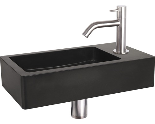 Schwarzes Aufsatzwaschbecken mit Armatur