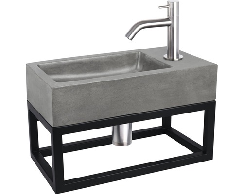 Waschtisch aus Beton mit Stahlgestell und Wasserhahn