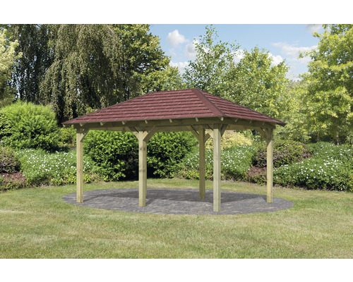 Pavillon Karibu Eco Taura mit Dachschindeln 289 x 429 cm kesseldruckimprägniert Gartenpavillon mit Holzrahmen und Dach im Außenbereich