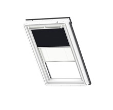 VELUX Vorteils-Set Verdunkelungsrollo uni dunkelblau und Faltstore Plissee weiß manuell Rahmen aluminium DFD M10 1100S