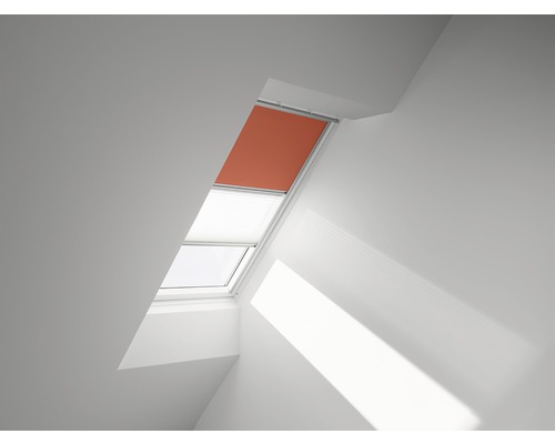 VELUX Vorteils-Set Verdunkelungsrollo uni orange und Faltstore Plissee weiß manuell Rahmen aluminium DFD C02 4564S