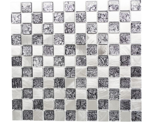 Aluminiummosaik XAM A851 silber/schwarz glänzend 32,7x30,2 cm Mosaikfliese aus Glas und Metall