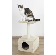 Katze auf einem Kratzbaum mit Liegefläche und Höhle