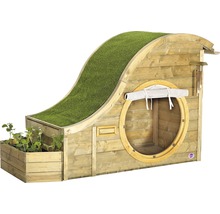 Spielhaus aus Holz mit Pflanzkasten und Grasdach