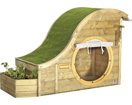 Spielhaus aus Holz mit Pflanzkasten und Grasdach