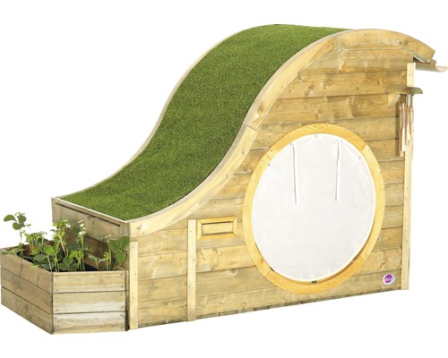 Spielhaus aus Holz mit Gründach, Pflanzkasten und runder Tür