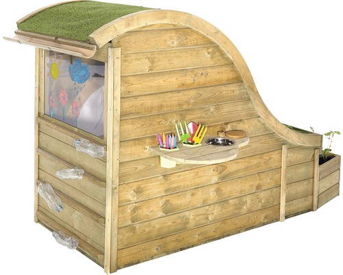 Spielhaus aus Holz mit Spielküche und bepflanztem Dach