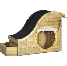 Spielhaus aus Holz mit Rutsche und rundem Fenster
