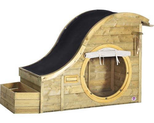 Spielhaus aus Holz mit Rutsche und rundem Fenster