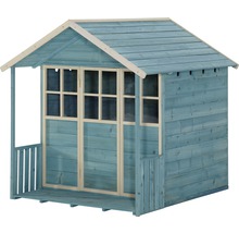 Blaues Holzspielhaus mit Veranda und Fenstern
