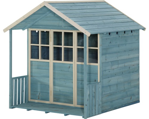 Blaues Holzspielhaus mit Veranda und Fenstern