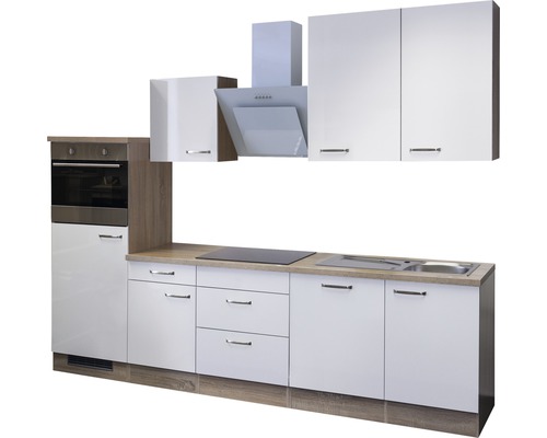 Komplette Küche mit Hängeschränken, Dunstabzugshaube, Spüle, Herd und Backofen