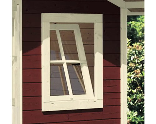 Einzelfenster für Gartenhaus 28 mm Karibu (Dreh/Kipp) 69x79 cm elfenbeinweiß Holzfenster mit geöffnetem Fensterflügel in einer Gartenlaube