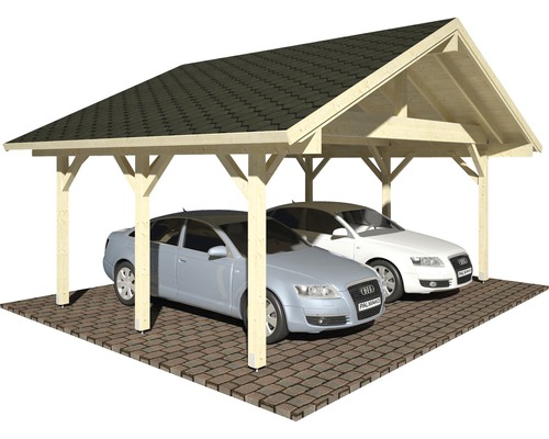 Doppelcarport aus Holz mit zwei parkenden Autos