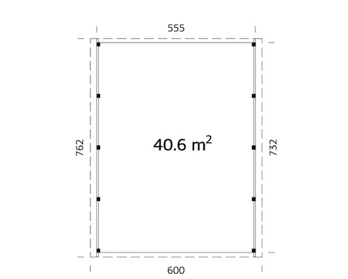 Grundrisszeichnung mit den Abmessungen 555, 600, 732 und 762 sowie einer Fläche von 40,6 Quadratmetern