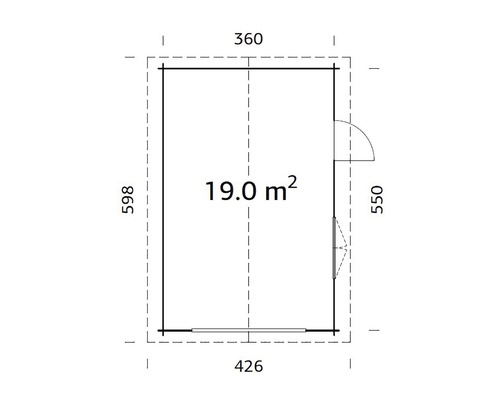 Grundriss eines Gartenhauses mit Maßangaben und einer Fläche von 19 Quadratmetern.