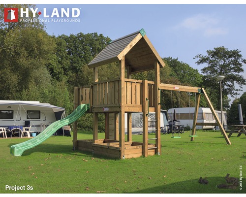 Spielturm Hyland Projekt 3S Holz mit Sandkasten, Doppelschaukel, Rutsche grün Spielplatz mit Rutsche, Schaukel und Sandkasten