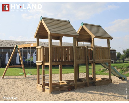 Spielturm Hyland Projekt 4S Holz mit Sandkasten, Doppelschaukel, Rutsche grün Spielplatzanlage aus Holz mit zwei Türmen, Rutsche und Schaukel