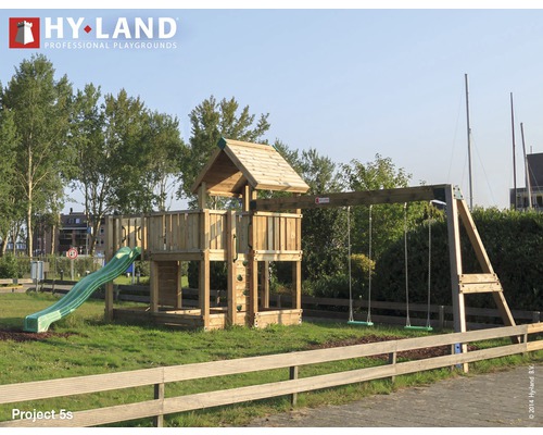 Spielturm Hyland Projekt 5S Holz mit Sandkasten, Doppelschaukel, Rutsche grün Spielplatzanlage aus Holz mit Rutsche und Schaukel