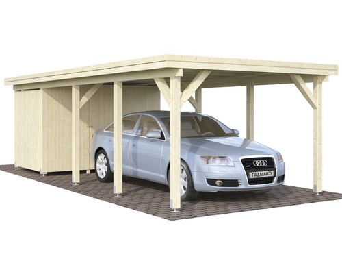 Carport aus Holz mit Geräteschuppen und Auto