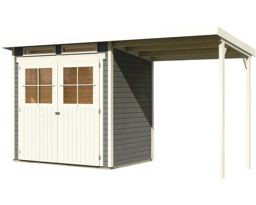 Holzgartenhaus mit Doppeltür und überdachtem Bereich