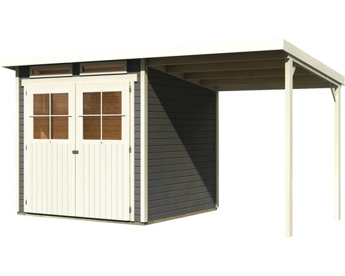Holzgartenhaus mit Doppeltür und Anbau