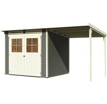 Holzgartenhaus mit Doppeltür und überdachtem Anbau
