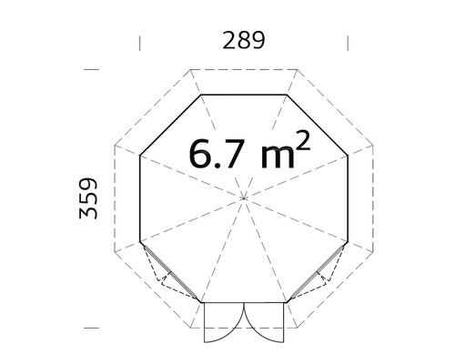 Grundriss des Gartenhauses mit den Maßen 289 mal 359 und 6,7 Quadratmeter Fläche