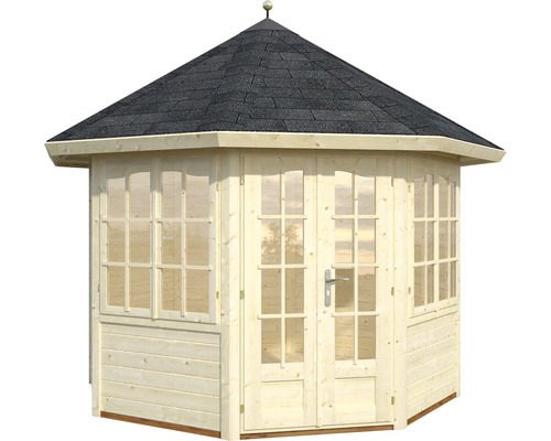 Gartenpavillon aus Holz mit Fenstern und Dachschindeln