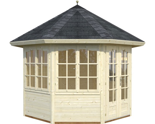 Achteckiger Holzpavillon mit Fenstern und Bitumendach