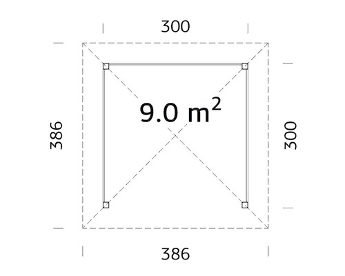 Grundriss eines Gartenhauses mit den Maßen 300 mal 300 und einer Fläche von 9 Quadratmetern
