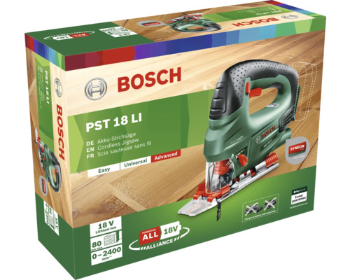 Bosch Logo. Verpackung einer Bosch PST 18 LI Akku-Stichsäge
