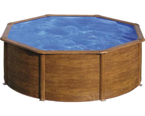 Achteckiger Swimmingpool mit Holzverkleidung und Wasser