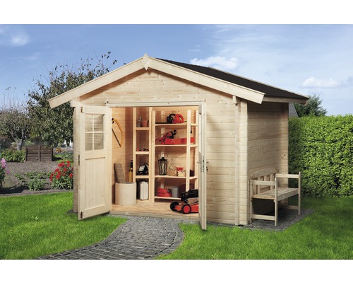 Gartenhaus weka 132 Gr.1 mit Fußboden 300 x 280 cm natur Gartenhaus aus Holz mit geöffneten Türen, Regalen und Gartengeräten im Garten