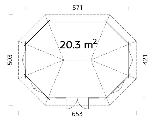 Grundriss eines Gartenhauses mit Maßangaben.