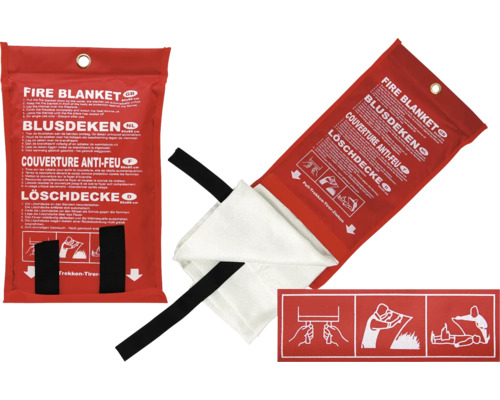 Feuerlöschdecke in roter Verpackung mit Anweisungen