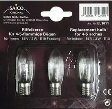 Drei Riffelkerzen 55 Volt, 3 Watt, E10 Fassung für 4-5-flammige Bögen in Verpackung