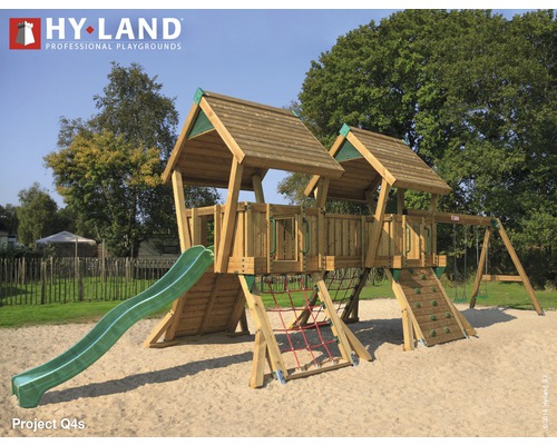 Spielturm Hyland Projekt Q4S Holz mit Kletterwand, Doppelschaukel, Rutsche grün