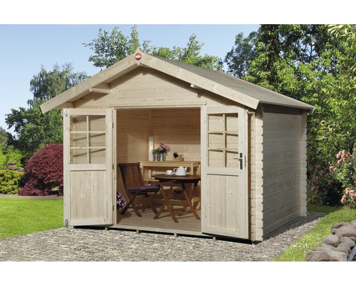 Gartenhaus weka 209 Gr.3 mit Fußboden und Vordach 50 cm 333 x 360 cm natur Gartenhaus aus Holz mit geöffneten Doppeltüren, inklusive Tisch und Stühlen